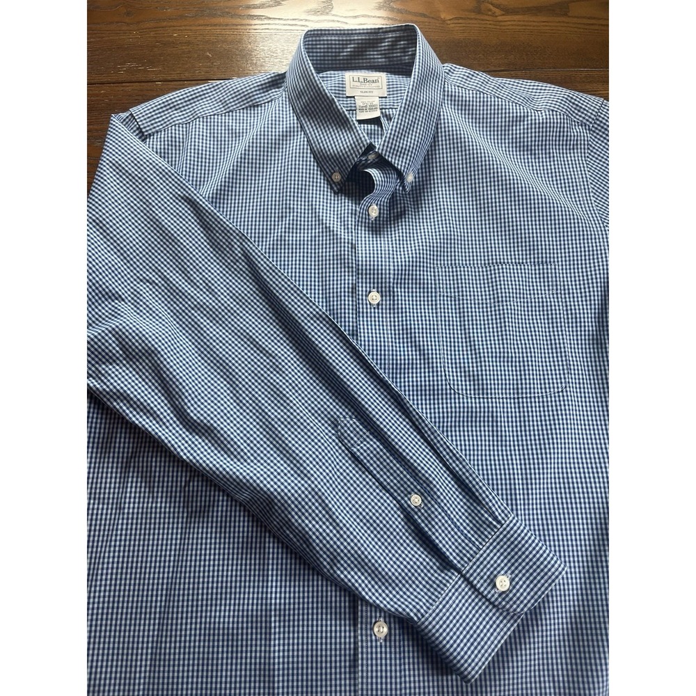 LL Bean Mens Traditional Fit Gingham Check Button Down Shirt Blue White 17.5-35